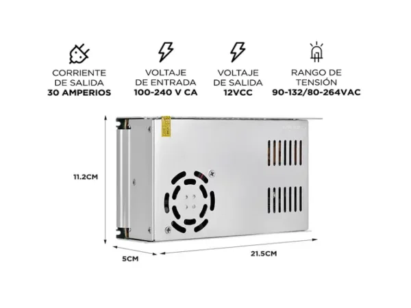 FUENTE SWITCHING 12V 30A METALICA GADNIC FS360 - Image 2